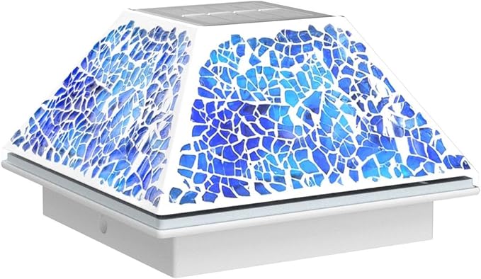 2PK Mosaic Solar Post Cap Lights Outdoor for 4x4, 3.5x3.5 Post Crackled Glass Deck Fence Lamp Weatherproof LED Light Decor in Garden, Yard, Outdoor Table, Balcony, Landscape- Cyan Blue