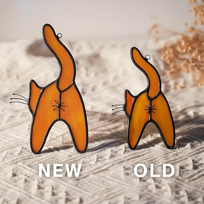 Orange Cat Stained Glass Suncatcher for Window,Funny Cute Cat Decor Stained Glass Window Hanging,Cat Gifts for Cat Lovers,Cat Themed Gifts for Women Friends Girl Kids