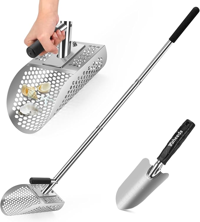 Long Handle Sand Scoop with Shovel for Metal Detecting, Metal Detector at Beach,Heavy Duty Stainless Steel Metal Detecting Tool,Treasure Finds Scoop, Digging Shovel Fast Sifting Shovel
