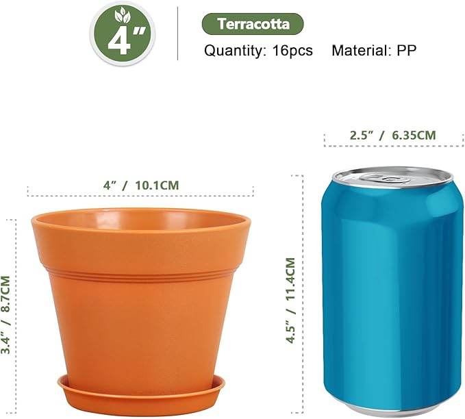 4 inch Small Plastic Nursery Pots, Seedling Pots, 16 Pack Plant Pots for Indoor Outdoor Plants, Flower Pots with Drainage Holes and Saucers, Decorative Planters for House Plants, Terracotta