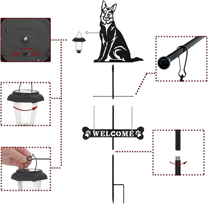 BAYN Solar German Shepherd Silhouette Dog Breed Welcome Sign with a Lantern Outdoor Decorative Garden Stakes for Yard, Lawn, Patio, Pathway