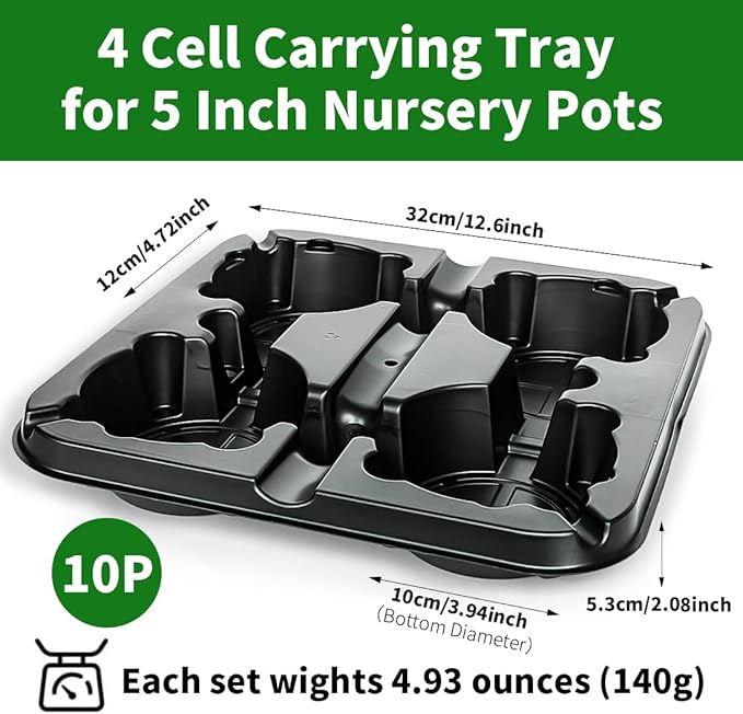 4 Cell Round Nursery Pot Tray for 5 Inch Pots, Thickened Sturdy Seedling Pot Shuttle Tray, Durable Nursery Pot Carrying Tray for Holding 5 inch Plastic Plant Pots (12.6" Square, 10-Pack)