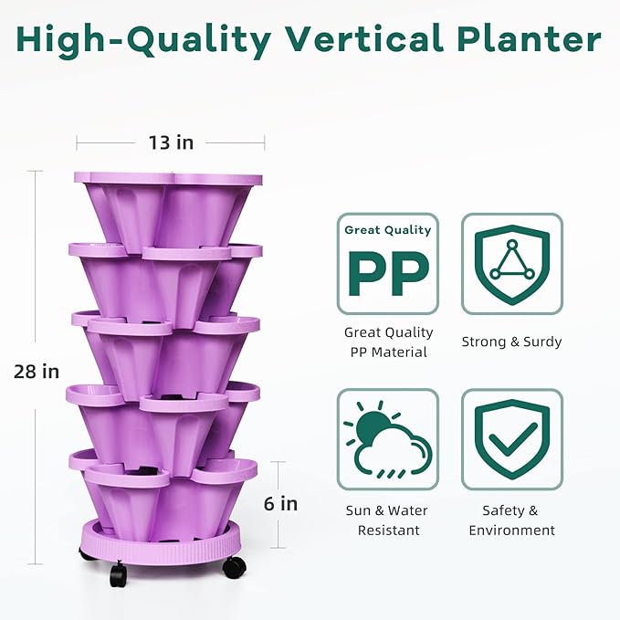 Strawberry Vertical Planter GardenTower, 5 Tiered Stackable Planter with Support Pole, Stacking Herb Vegetable Planters Indoor and Outdoor - Purple