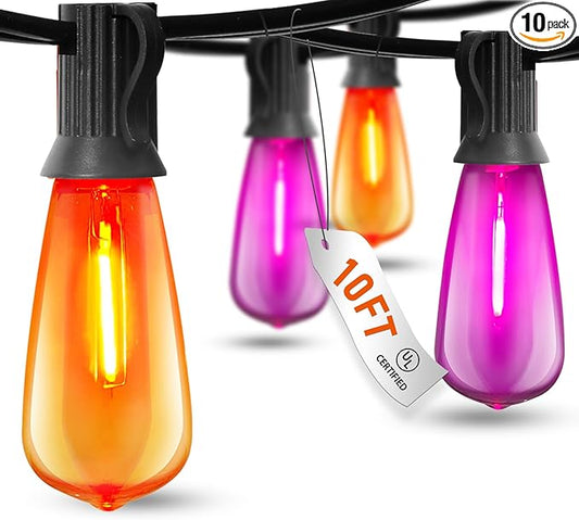 10Ft LED Outdoor String Lights, Halloween Orange Purple Lights with 10 0.6W ST40 LED Bulbs, Waterproof Connectable Patio Lights for Indoor Outdoor Backyard Garden Halloween Christmas Holiday Decor