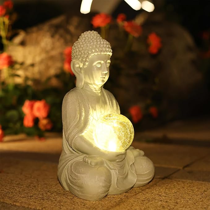 Buddha Garden Statue with Solar Light, Solar Meditating Garden Buddha with Cracked Glass Ball Sculpture-Indoor/Outdoor Decor for Balcony,Garden,Patio,Porch Yard Art Ornament,Gift