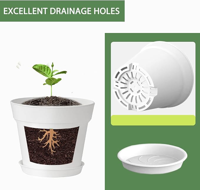 12 Pack 4 inch Plastic Planters, Seedlings Plant Nursery Pots with Drainage Holes and Saucers for Plants Flowers Succulent and All House Plants, White