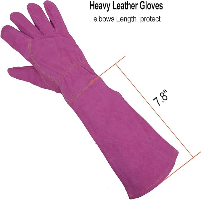 HANDLANDY Ladies Thorn Proof Gardening Gloves, Long Gauntlet Heavy Duty Garden Gloves, Elbow Length Women Leather Rose Pruning Gloves (Large, Rosy)