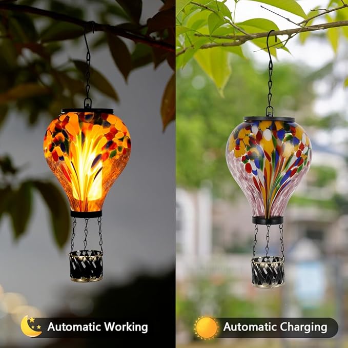 Starsoul Hot Air Balloon Solar Lantern Tie-Dye Style Glass Outdoor Hot Air Balloon Solar Flickering Flame Light Waterproof Hanging Lantern for Garden Yard Patio Decor