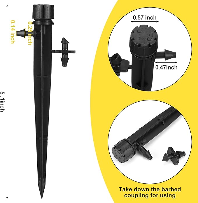 Retisee 50 Pcs Adjustable Flow 0-18 GPH Drip Irrigation Emitters 8 Holes Irrigation Drippers with Stake 360 Degree Irrigation Sprinkler Head Fit 1/4 Inch Drip Irrigation System for Garden Watering