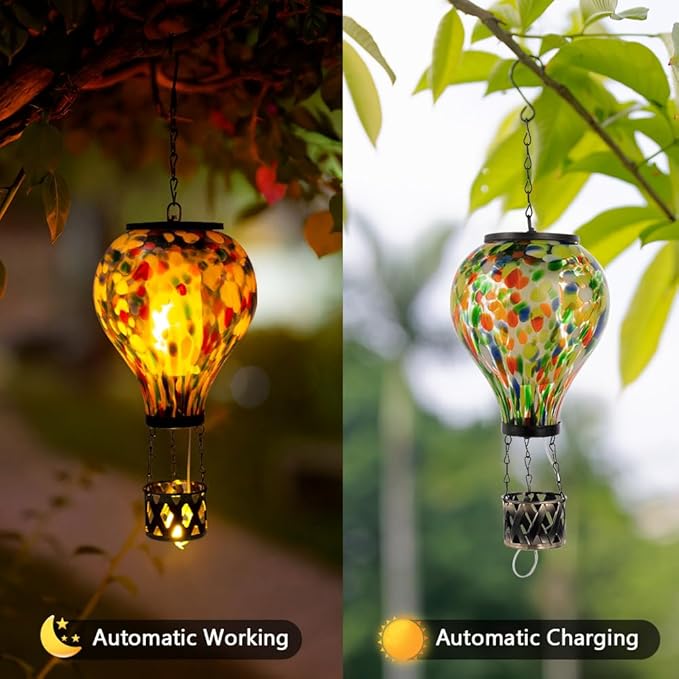 Starsoul Hot Air Balloon Solar Lantern Glass Outdoor Hot Air Balloon Solar Flickering Flame Light Waterproof Hanging Lantern for Garden Yard Patio Decorations