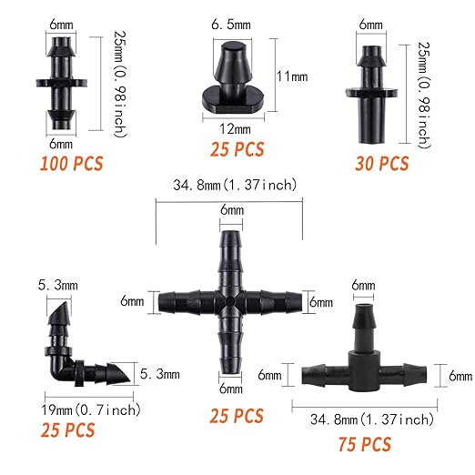 280 Pcs Drip Irrigation System Fitting Kit for 1/4 inch Irrigation Tubing Hose, Greenhouse Garden Plant Irrigation Fittings with Barbs Six Fittings for Easy Installation