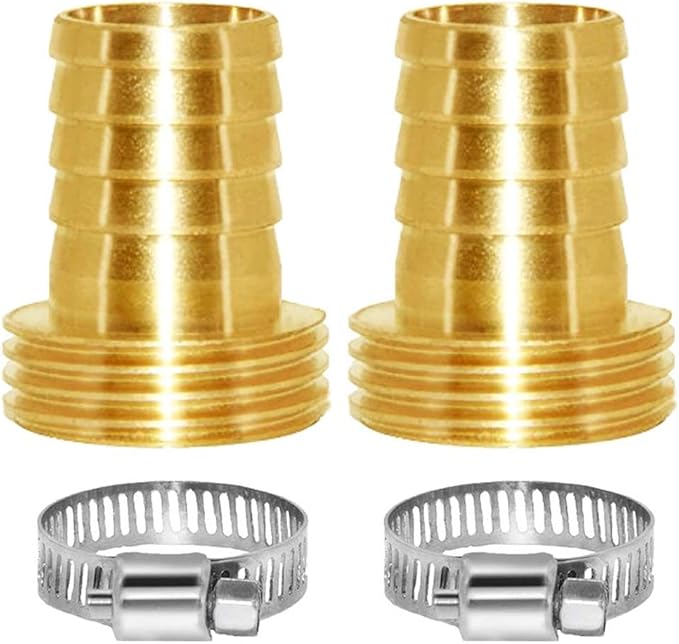 Joywayus Garden Hose Pipe Connector,3/4" Barb x 3/4" Male GHT Thread Brass Fitting with Stainless Clamps House/Boat/Lawn/Power Wash/Irrigation (Pack of 2)