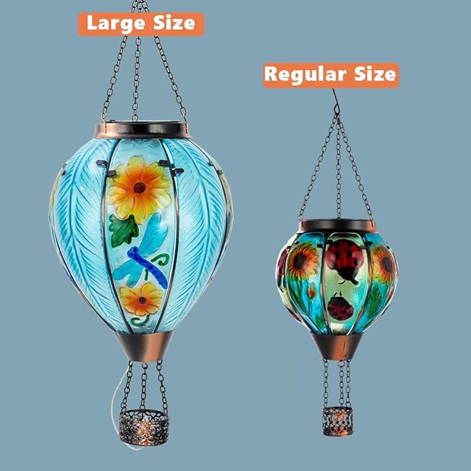 Starsoul Large Solar Hot Air Balloon Lantern with Flame Dragonfly Glass Hanging Outdoor Hot Air Balloon Solar Light Waterproof Garden Patio Yard Party Decorations