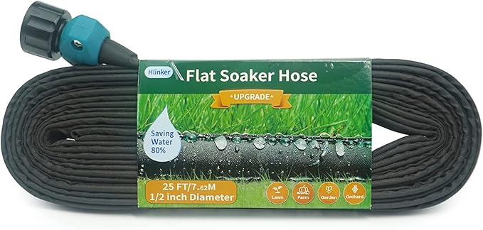 Flat Soaker Hose 15 25 50 75 FT for Garden Beds, 25Ft 1/2" Linkable Consistent Drip Irrigation Hose Save 80% Water, Leakproof Heavy Duty Double Layer Sprinkler Hose