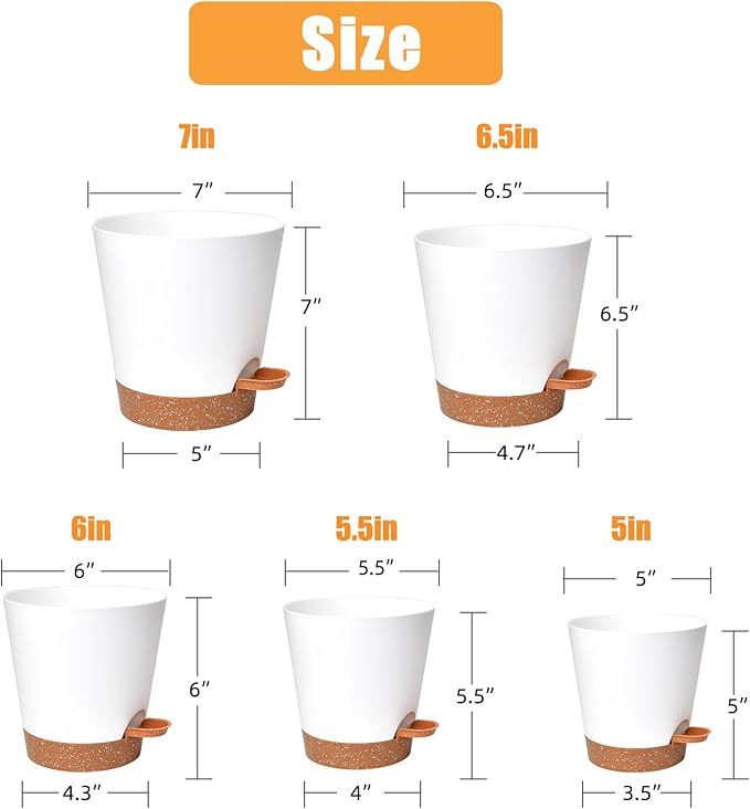 Planters for Indoor Plants 7/6.5/6/5.5/5 Inch, Self Watering Planters with Drainage Holes and Saucers 5 Pack Plastic Pots for Plants, Succulents, Herbs, Cactus, Flower Pots, White