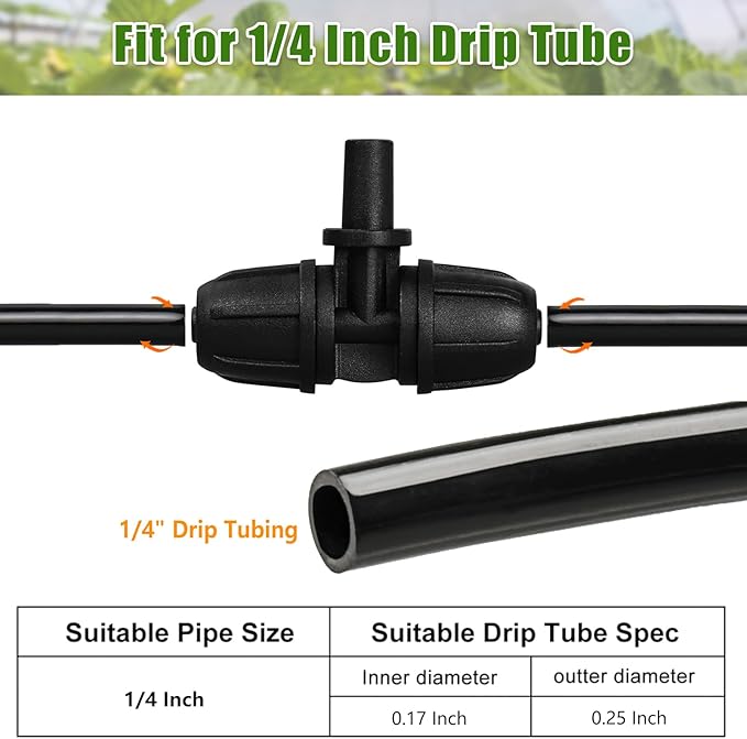 JAYEE Drip Irrigation Fittings 1/4 Inch Tubing to 6mm Flat Mouth, 25 Pcs Locked Barbed Tee Connectors for 1/4" Nozzle Spray Emitter Dripper, 3-Way Tee Drip Line Parts for Drip Sprinkler System, Black