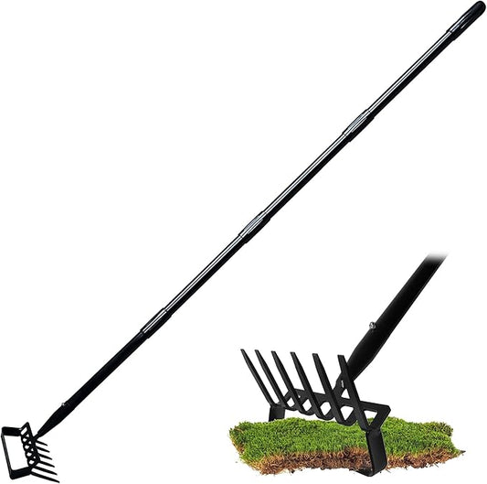 6-Tines Rake and Stirrup Hoe - Adjustable Long Handle Scuffle Loop Hula Action Hoe for Weeding, Digging, Loosening Soil, Stainless Steel Tiller Cultivator for Gardening, Raised Flower Beds Planting.