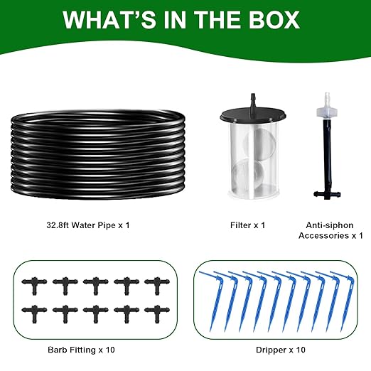 Solar Drip Irrigation Kit Accessories, 32.8FT Solar Powered Auto Easy DIY Irrigation System Expansion Kit with Anti-Siphoning Device for Balcony Patio & Garden