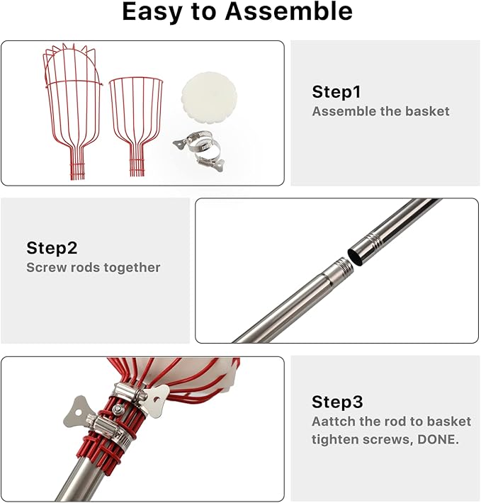 Fruit Picker, 8 FT Fruit Picker Pole with Large Basket, Length Adjustable Gardening Tools, Picking Peaches, Mango, Apple, Orange, Fruit Catcher for Trees with Metal Long Handle, Extra Carrying Bag