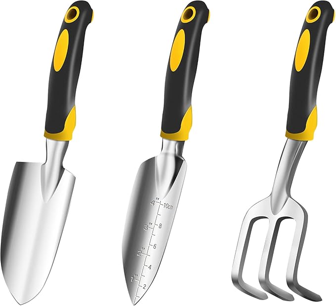 iPower 3Pcs Garden Tool Set, Heavy Duty Aluminum Gardening Kit Includes Hand Trowel, Transplant Trowel and Cultivator Hand Rake, Ergonomic Rubberized Non-Slip Handle
