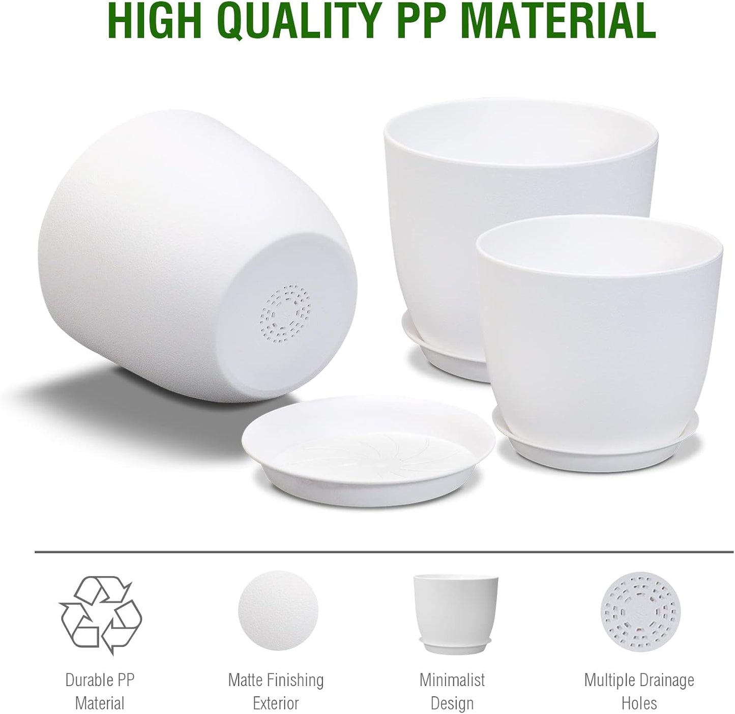 Modern Plant Pots Set, 9/8/7.5 inch Plastic Planters for Indoor Plants, Stylish Flower Pots with Drainage Holes and Saucers for House Plants and Flowers, White