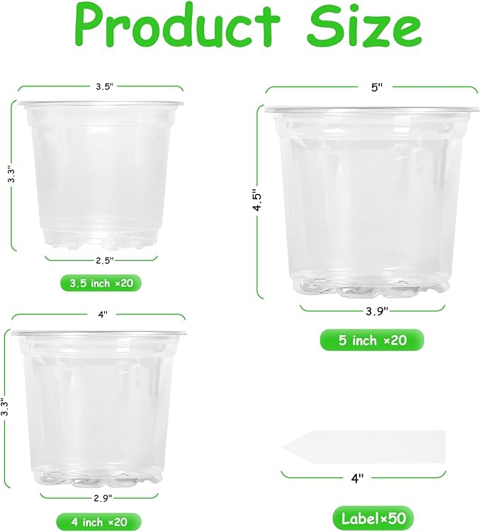 60 Pack 3.5/4/5 Inch Clear Nursery Pots with Drainage Holes, Transparent Plastic Pots for Plants, Reinforced Seed Starter Pots Garden Pots Flower Pots Come with 50pcs Plant Labels