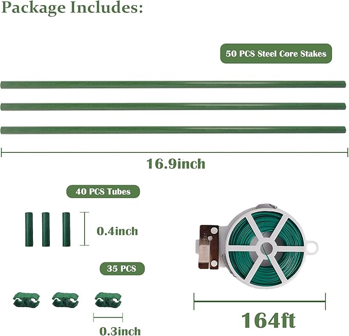 Xiny Tool 126pcs Garden Stakes Set, Includes 50Pack 17" Garden Poles, Tomato Climbing Plant Trellis Plant Climbing Frame for Vegetables Cucumber Fences Beans Outdoor Gardening
