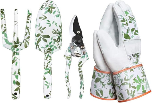 Leather Gardening Gloves with 2Pcs Garden Tools and 1Pc Pruning Shear for Men and Women, Medium Size