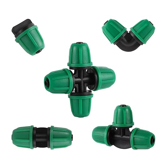 50pc 1/4 inch Drip Irrigation Fittings,Included Lock Barbed Tee,2-Way Coupling,Elbow,4-Way Coupling,¼ End Plugs,Tubing Outside Diameter (OD) is 0.250" Internal Diamete(ID) is 0.170"(1/4 Fitting Kit)