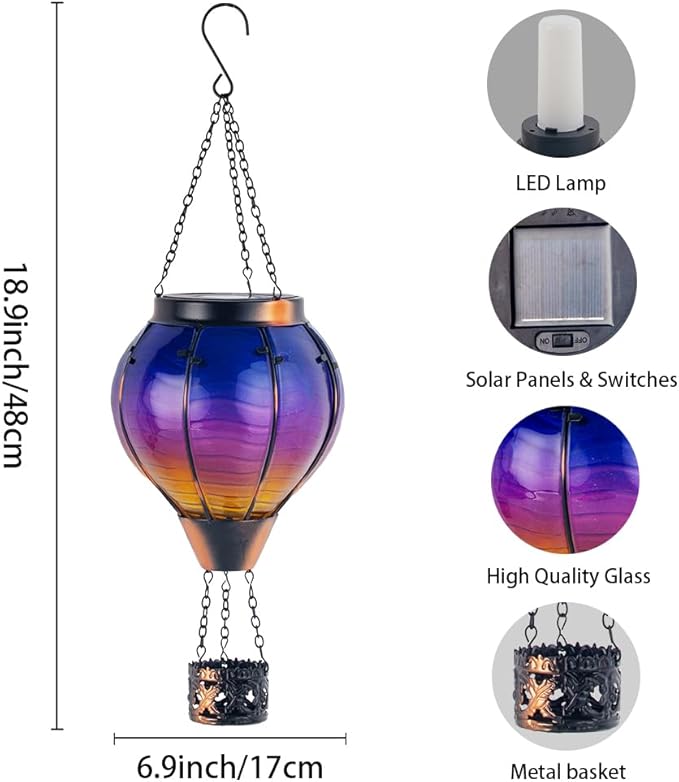 Starsoul 2 PC Starsoul 2 PC Glass Solar Hot Air Balloon Flickering Flame Hanging Garden Light Purple Waterproof Hot Air Balloon Solar Lantern with Large Basket