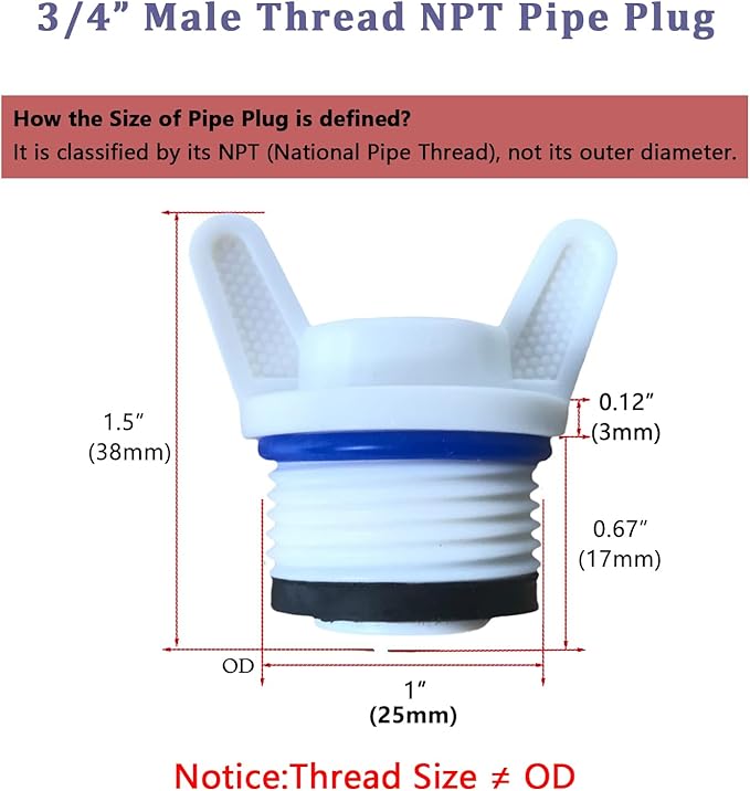 3/4” PT Pipe Plug Caps and Plugs Male Pipe Threaded Plug End Cap Garden Irrigation Tubing Stopper for RV City Irrigating Water Supply Lines (1" ID)