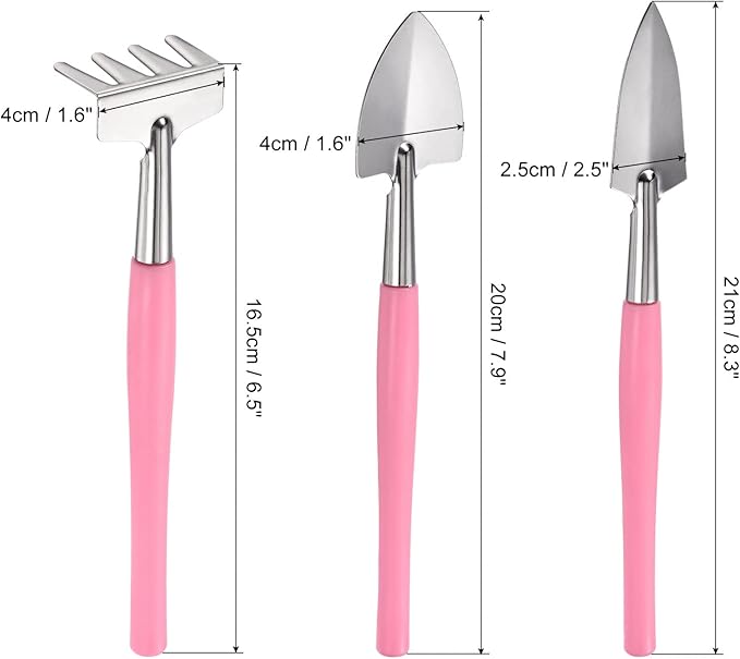 MECCANIXITY Gardening Tools 3 Pack Iron Spade Rake Transplanting Plants Care Digging Kits, Pink