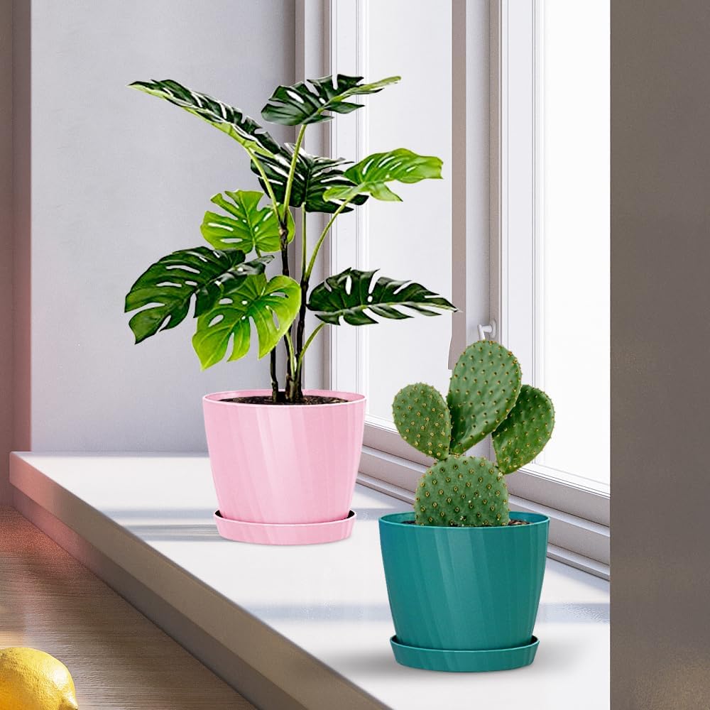 6 Inch Plant Pots Bulk, 6 Pack Plastic Planters with Drainage Holes and Saucers for Indoor Outdoor House Plants and Flowers, Colorful
