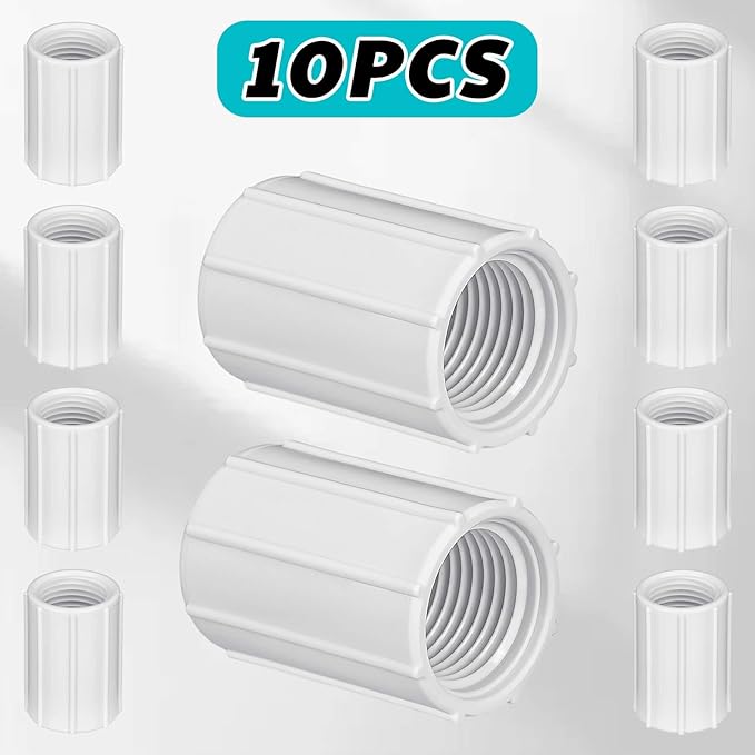 Yahenda 10 Pcs 1/2 Inch PVC Double Female Threaded Coupling Sprinkler Pipe Fitting Female Thread Pipe Fitting Garden Drip Irrigation System PVC Npt Coupler for Irrigation Tube Riser Extension (White)