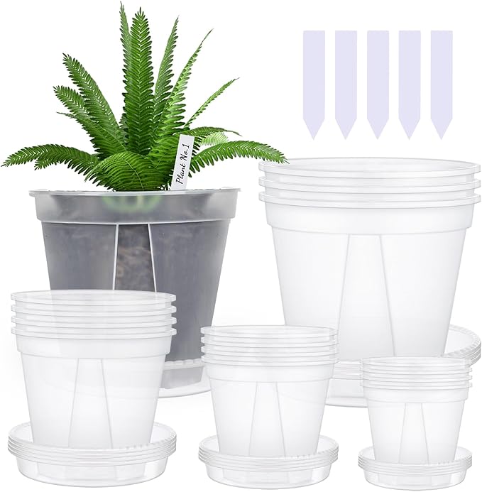 32 Pcs Plastic Pots for Plants with Trays 4/5/6/7 inch Clear Nursery Pots with Drainage Holes and Saucers, Planter Pots for Indoor Outdoor Seedlings Starter Plants,100 pcs Plant Labels,16-Set