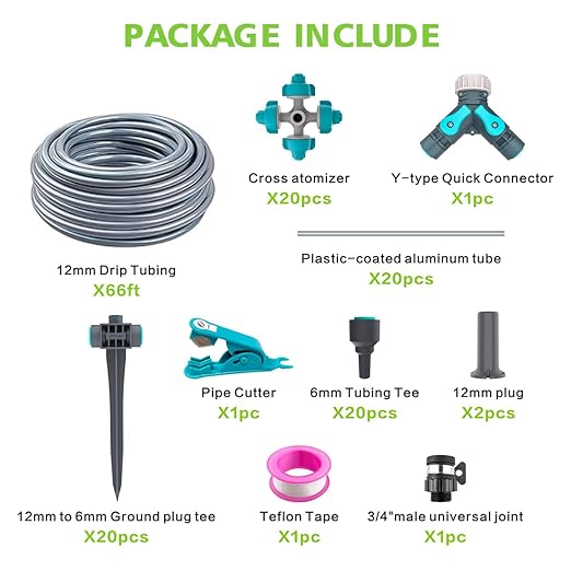 Drip Irrigation Kit 66ft, Automatic Irrigation System for Garden with 12mm Irrigation Tubing, Quick Connect Mist Nozzle with 4-Outlet for Lawn Outdoor Plants Greenhouse