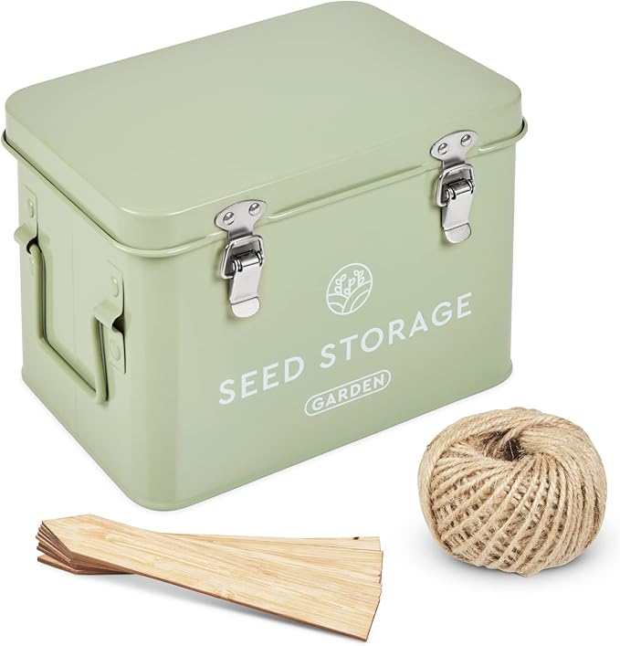 Seed Storage Box – Metal Seed Packet Organizer with Garden String and Bamboo Plant Labels. Seed Container Storage Delivering Complete Seed Saving Organization for Every Garden Lover.