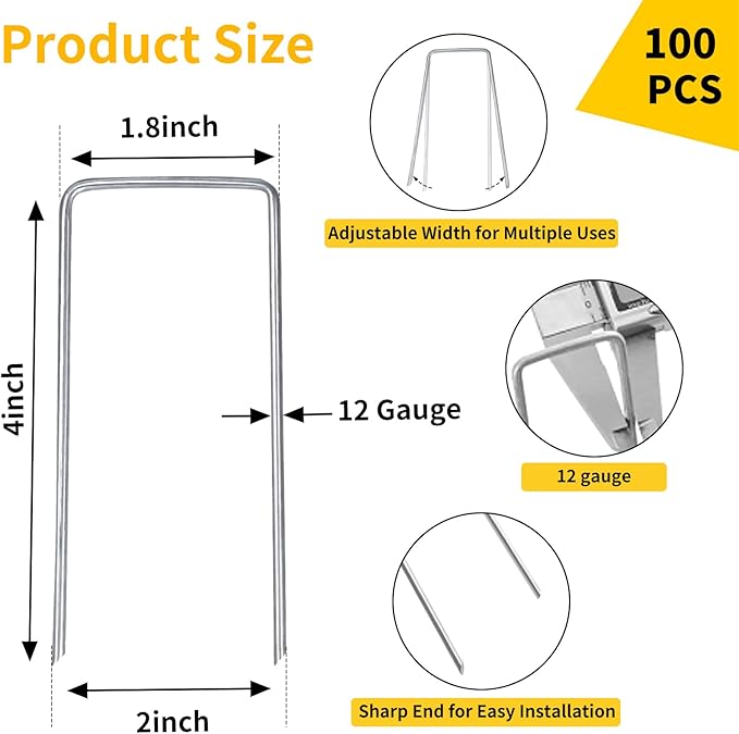 CEWOR 100 Pack Landscape Staples 4 Inches, Galvanized Garden Stakes Landscape Staples Fabric Pins Lawn Stakes for Barrier Fabric, U-Type Heavy Duty