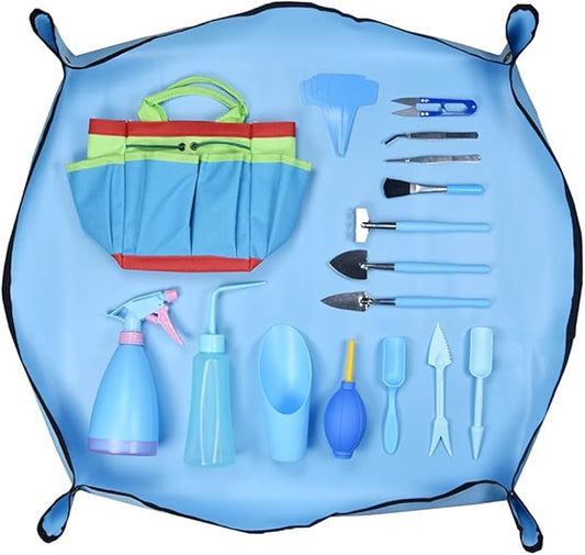 CFH-Allez 21 Pieces Succulent Plants Tools,Gardening Succulent Transplanting Hand Tool +Succulent Garden Pad Miniature Planting Collapsible Waterproof Planter Gardening Mat+Garden Bucket Bag (Blue)