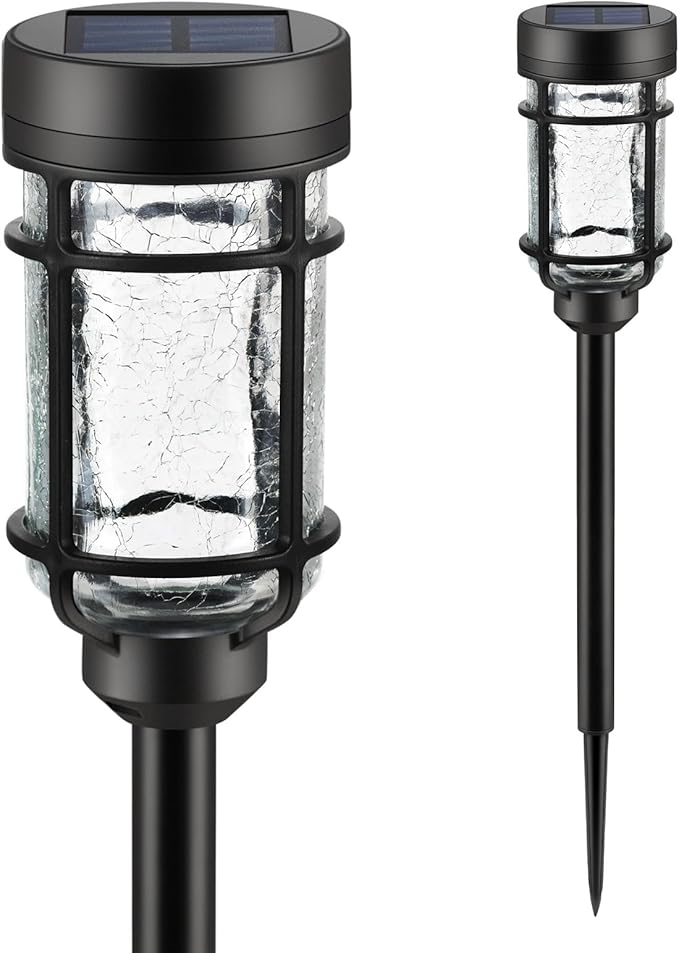 Solar Pathway Lights 2 Pack, Color Changing+Warm White LED Solar Lights Outdoor, Waterproof Lighted Crackle Glass Stake for Garden Path Walkway Backyard Lawn Landscape Decoration
