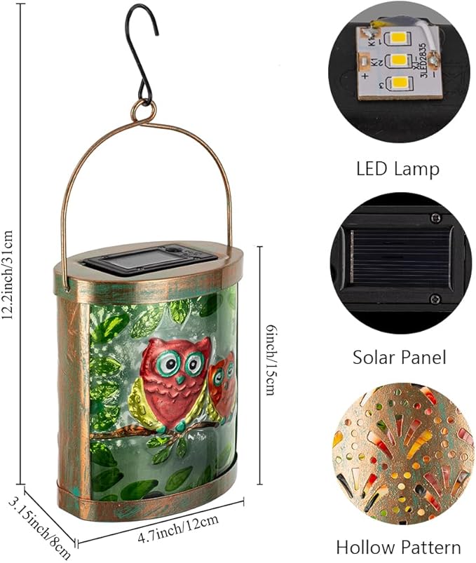 Starsoul 2 Pack Hanging Solar Lantern Outdoor Waterproof Owls Nestled on Branch Glass Decorative Solar Lights for Outside Garden Yard Table Patio Decor