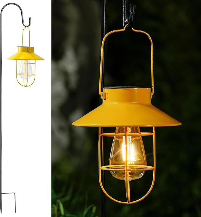 Solar Lights Lantern Lamp with Shepherd Hook, Solar Metal lanterns, outdoor lights decor, Water resistant Edison Bulb Lights for Garden ,outside decor for pathways,patio, lawn, or landscaping (Yellow)