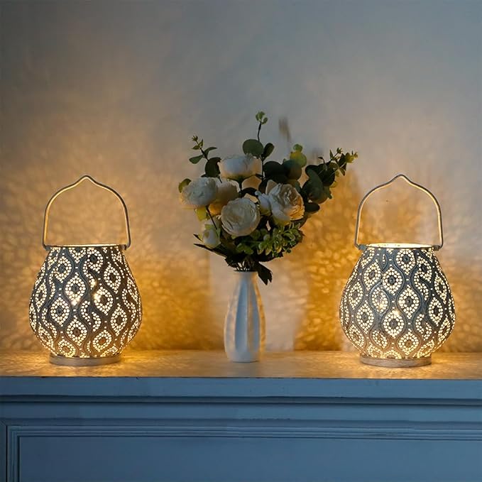 TRIROCKS Set of 2 Moroccan Decorative Lamps 8'' High Battery Powered Cordless Lamp Metal Table Lamps with Fairy Lights Bulb for Home Living Room Garden Yard Party Events Tabletop Indoor Outdoor(White)