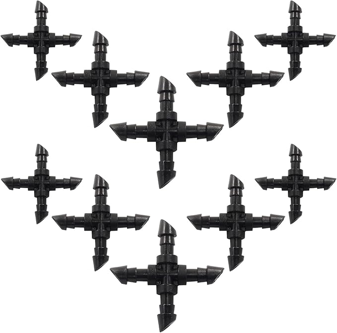 50 Pcs Black Drip Irrigation Cross Fittings, Barbed Connectors Fits Universal 1/4 Inch Drip Tubing, Barbed 4 Way Connectors for Drip Sprinkler Garden Lawn Systems