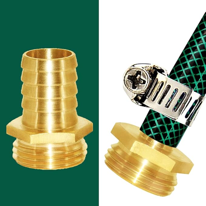 Joywayus 3/4" Barb x 3/4" Male GHT Thread Hex Brass Garden Water Hose Pipe Connector Copper Fitting with Stainless Clamp House/Boat/Lawn/Power Wash/Irrigation