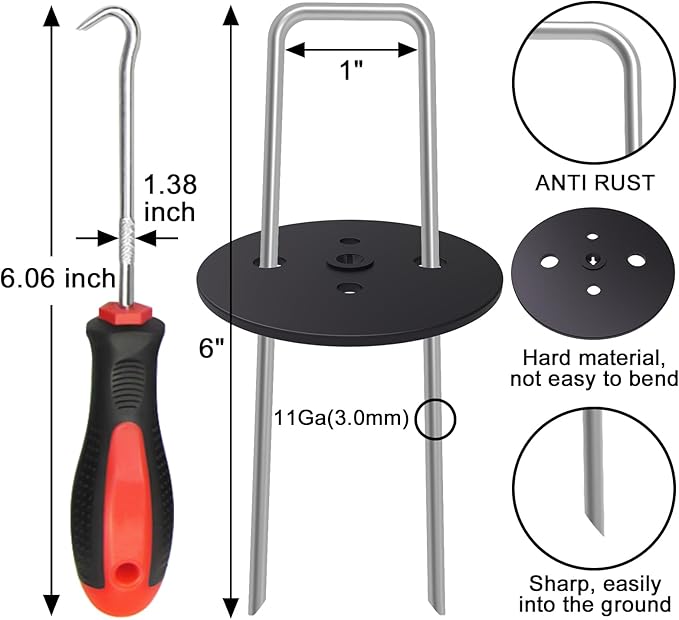 50pcs Landscape Staples+50pcs Gaskets+1 Pick Hook, 6 Inch Garden Artificial Turf Stakes Heavy Duty 11Ga U Shaped Galvanized Yard Ground Pins for Weed Fabric Barrier, Groud Cover, Outdoor Decorations