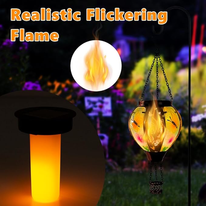 DREAMSOUL Butterfly Hot Air Balloon Solar Lantern, Glass & Metal Outdoor Lantern Hanging Solar Lanterns Outdoor Waterproof for Garden Patio Party