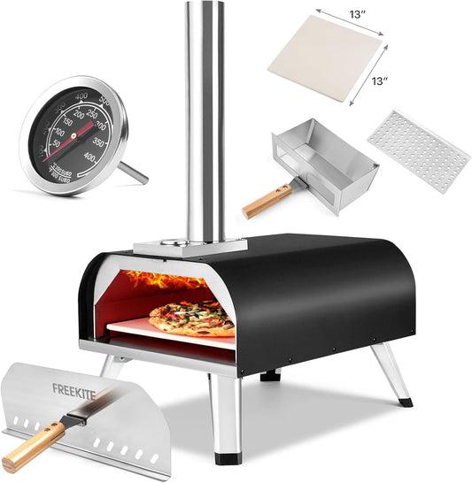 Pizza Oven 13 Inch Outdoor Wood Fired Portable Stainless Steel Pizza Oven with Pizza Stone for Family Outside Cooking Camping Backyard BBQ Pizza Maker Garden Kitchen(black13IN)