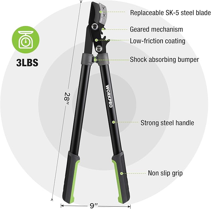 WORKPRO 28" Anvil Lopper with Geared Mechanism, Tree Trimmer with 1.6" Cutting Capacity, Steel Blade Heavy Duty Tree Branch Cutter with Ergonomically Designed Non-Slip Handles