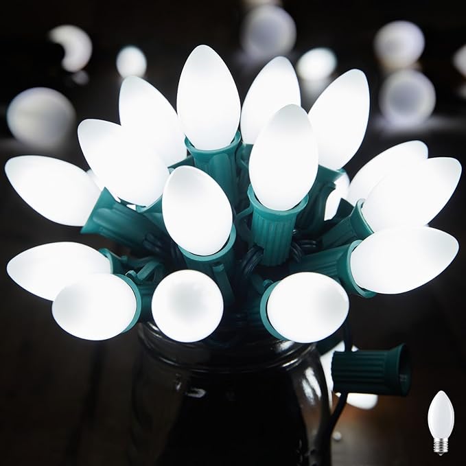 C7 Pure White LED Christmas Lights, 25Ft Vintage String Lights with 25+1 Plastic Bulbs, E12 Candelabra Base, Outdoor Retro Style Hanging Lights for Xmas Patio Fence Roofline Holiday Decorations